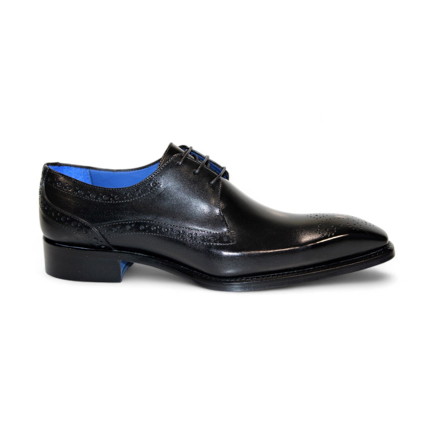 The Emilio Franco "Giacamo" Black Shoes, expertly crafted in Italy, showcase a blue inner lining and decorative stitching. They are elegantly angled to display both a side and front perspective.