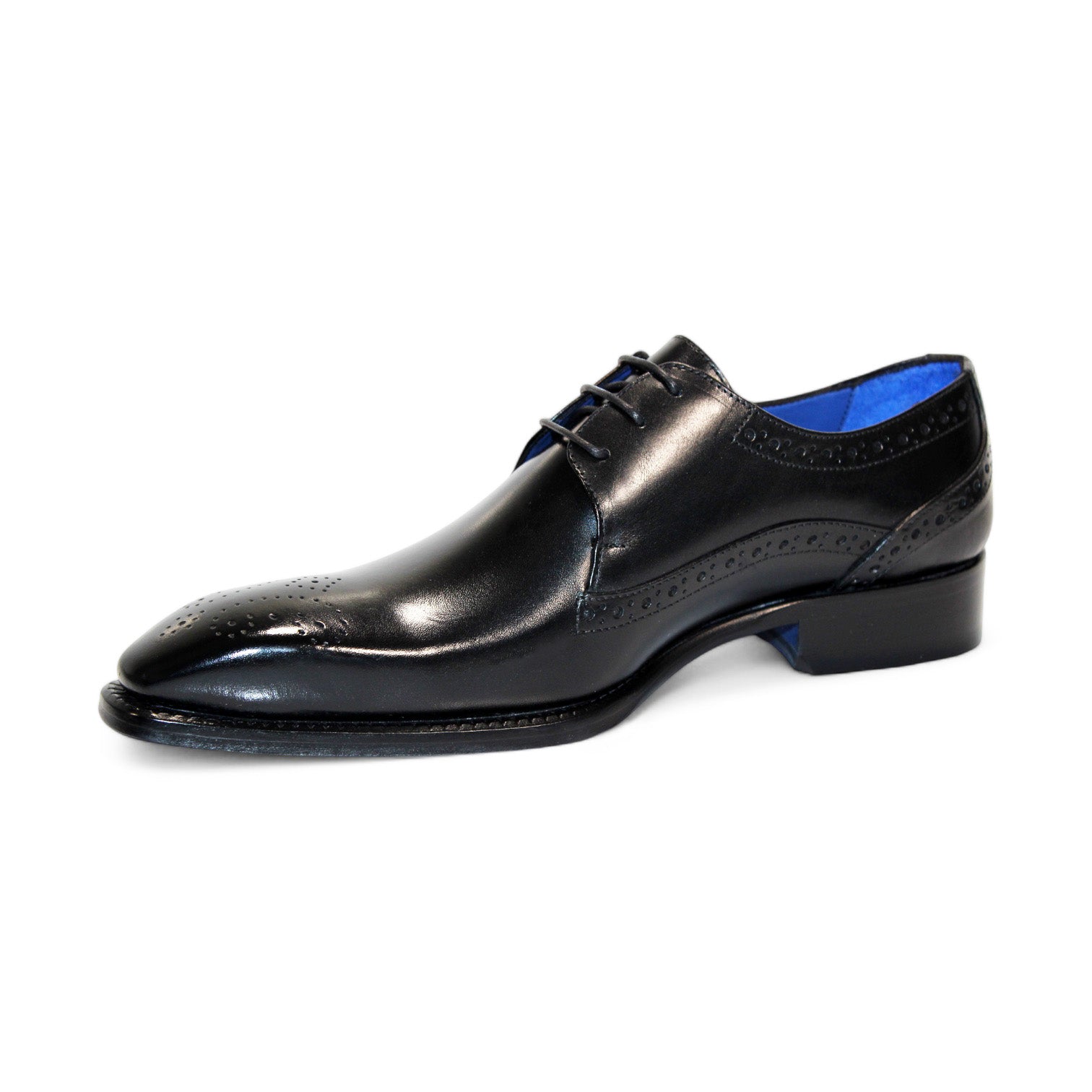 The Emilio Franco "Giacamo" Black Shoes, expertly crafted in Italy, showcase a blue inner lining and decorative stitching. They are elegantly angled to display both a side and front perspective.