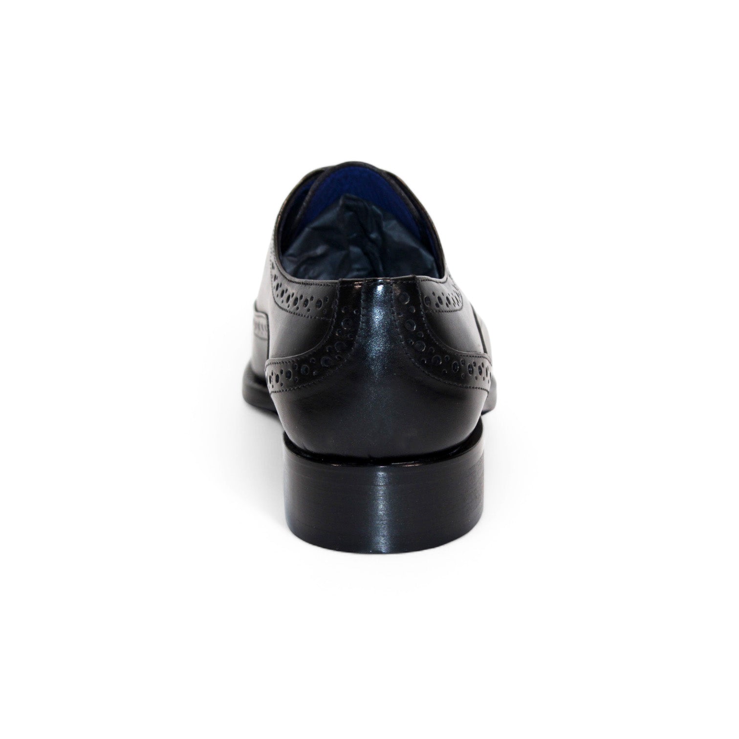 The Emilio Franco "Giacamo" Black Shoes, expertly crafted in Italy, showcase a blue inner lining and decorative stitching. They are elegantly angled to display both a side and front perspective.