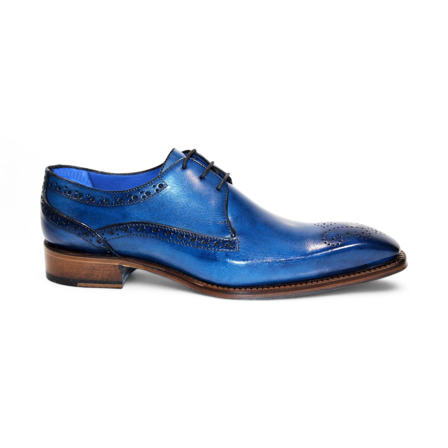 The Emilio Franco "Giacamo" Ocean Blue Shoes, made in Italy, feature exquisite brogue detailing and a charming wooden heel, complemented by a classic lace-up design.