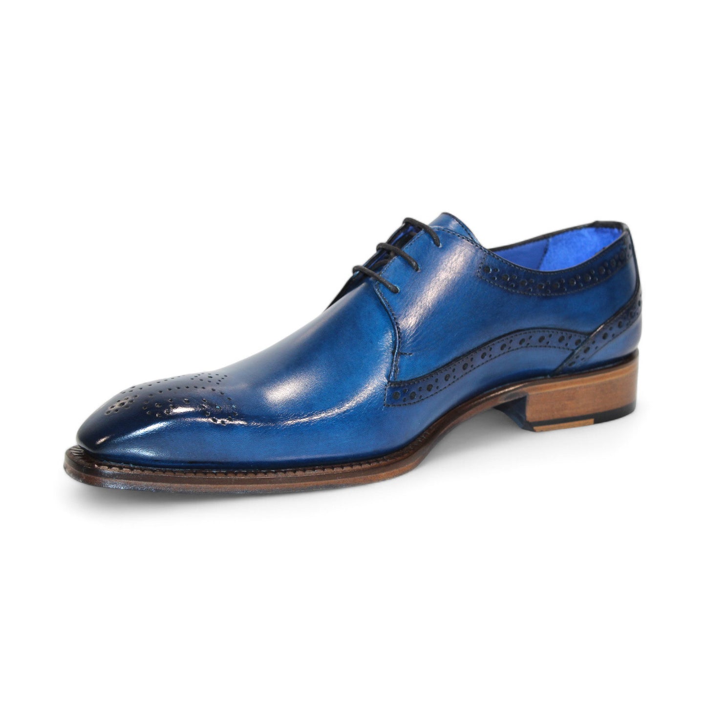 The Emilio Franco "Giacamo" Ocean Blue Shoes, made in Italy, feature exquisite brogue detailing and a charming wooden heel, complemented by a classic lace-up design.