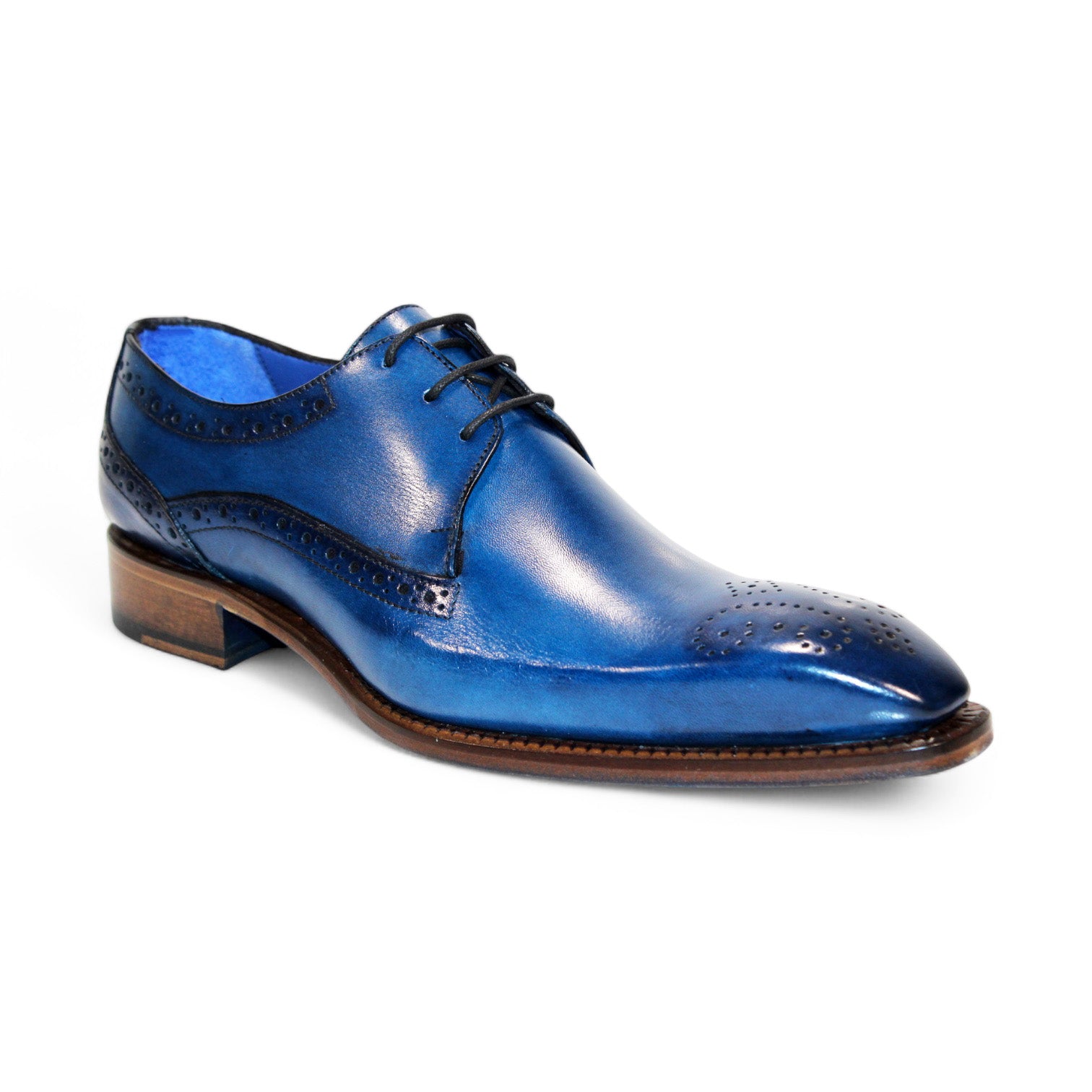 The Emilio Franco "Giacamo" Ocean Blue Shoes, made in Italy, feature exquisite brogue detailing and a charming wooden heel, complemented by a classic lace-up design.