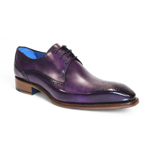 The Emilio Franco "Giacamo" Purple Shoes, made in Italy, showcase sophisticated brogue detailing and a vibrant blue lining.