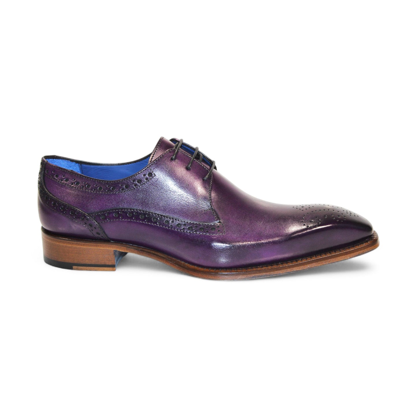 The Emilio Franco "Giacamo" Purple Shoes, made in Italy, showcase sophisticated brogue detailing and a vibrant blue lining.