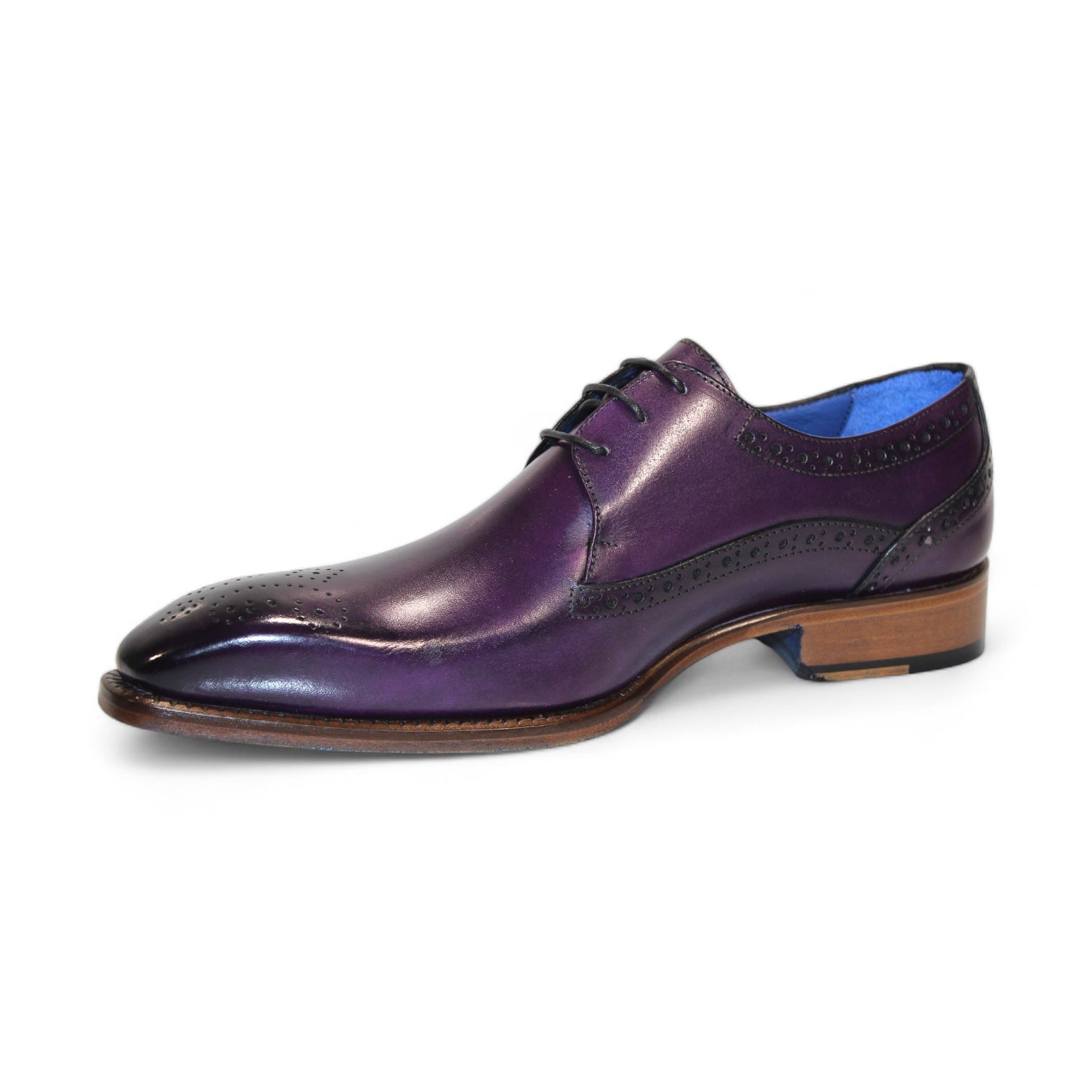 The Emilio Franco "Giacamo" Purple Shoes, made in Italy, showcase sophisticated brogue detailing and a vibrant blue lining.