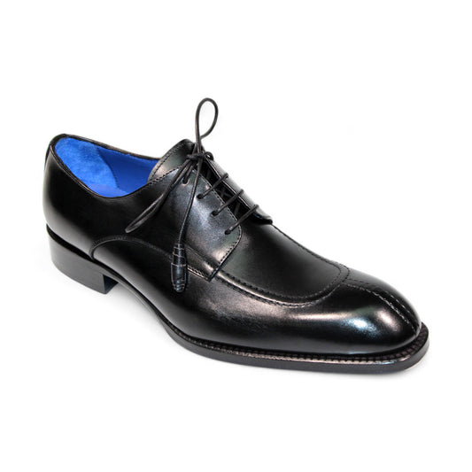 The Emilio Franco Artigiana "Girolamo" shoes are meticulously crafted black leather dress shoes with a sleek leather sole, complemented by matching black laces and a distinctive blue inner lining.