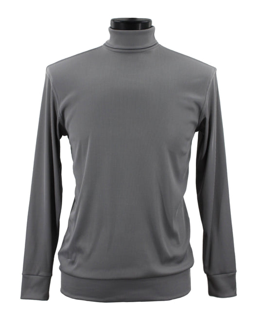 The Bassiri L/S Turtleneck Grey T-Shirt 633, crafted by Bassiri from a soft microfiber-spandex blend, is elegantly displayed on a black mannequin torso against a white background.