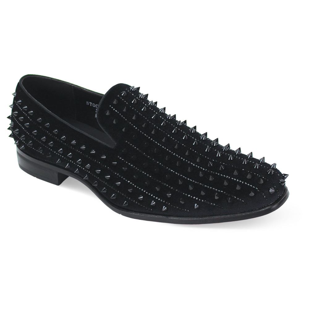 The After Midnight Exclusive Harvie Black Dress Shoes by AFTER MIDNIGHT feature a studded velour upper adorned with rows of small spikes for an edgy look.