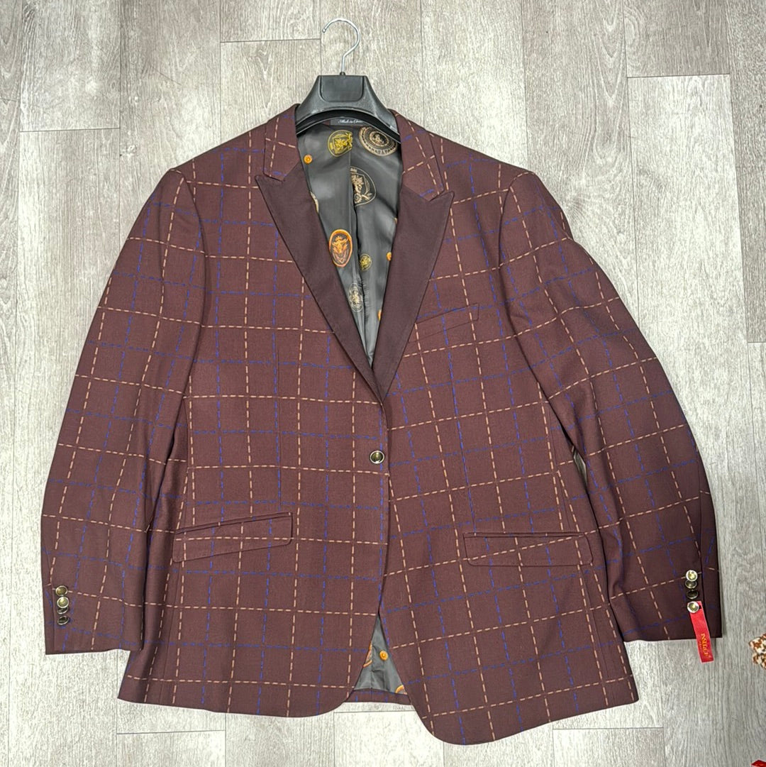 The Inserch Blazer 559-31 in burgundy, featuring gold button accents and available in size 3XL only, is elegantly displayed on a hanger against a wooden floor.