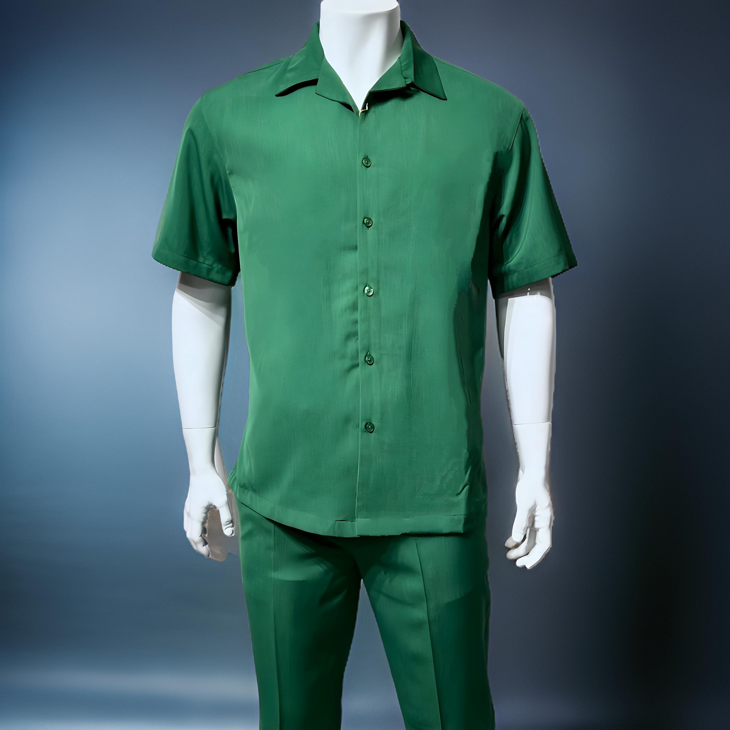 A mannequin displays the Inserch 2pc Set SS9356 Emerald Green, highlighting a green short-sleeve collared shirt made from soft microfiber paired with matching green pants, all against a neutral backdrop.