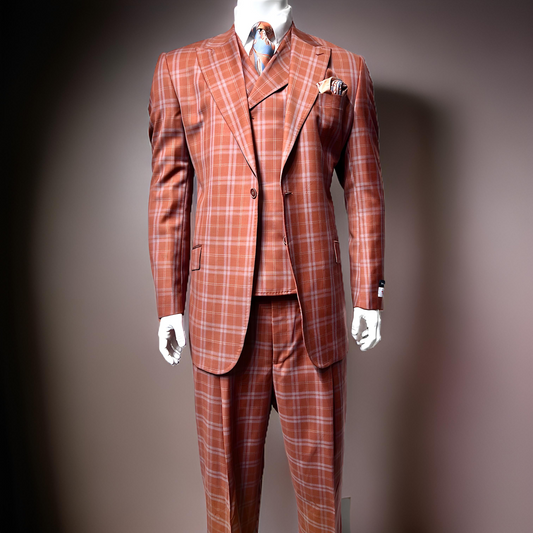 A mannequin displays the Tiglio Rosso San Giovesse Rust / Grey Plaid TL6340, a 100% wool three-piece suit by Tiglio Rosso, paired with a tie, set against a neutral backdrop.