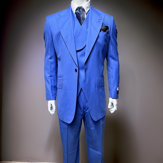 The mannequin is elegantly dressed in a sky blue Tiglio Rosso "New Rosso" wide-leg pure wool suit and vest (TL2657), perfectly complemented by a matching pocket square and tie, all displayed against a neutral background.