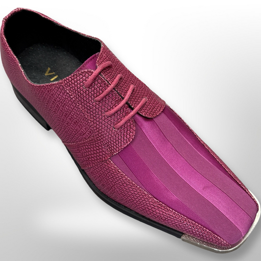 A single Shoe 84 by Fiesso in a vibrant magenta hue, featuring a textured fabric, square toe, and laces is beautifully displayed on a smooth, white background. Please be aware that this item is offered as a final sale with no return or exchange option available.