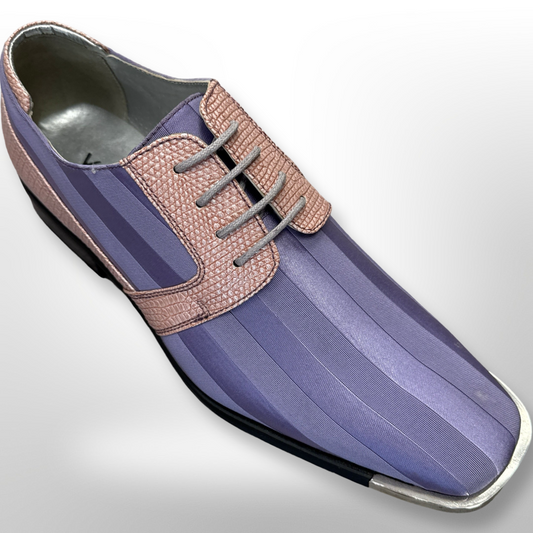 This Shoe 83 by Fiesso, available in sizes 9, 9.5, 10, and 11 only, features a striped purple and pink design with a square toe and silver trim as seen from above. Please note this item is final sale with no return or exchange options.