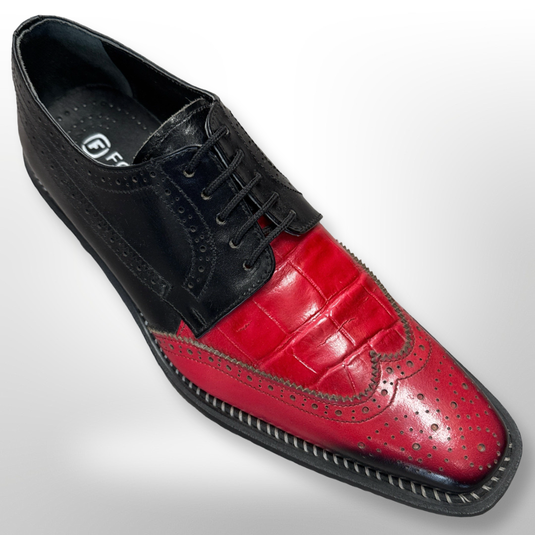 Shoe 75 by Fiesso, available in size 8.5 only, is a black and red leather dress shoe featuring wingtip and brogue detailing against a white background. Please note this is a final sale item with no exchanges or returns accepted.