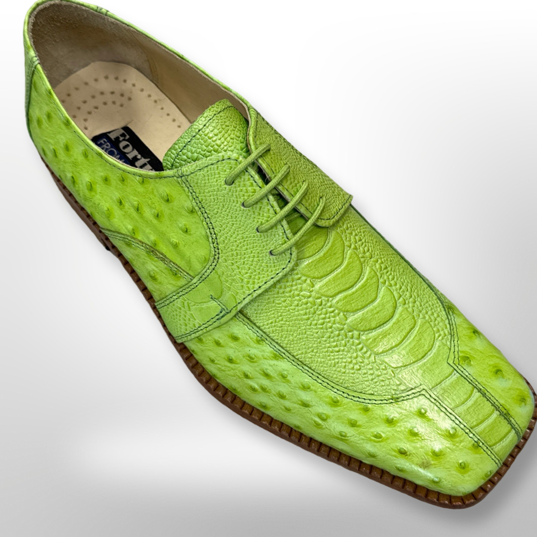 Vibrant green ostrich leather dress shoe by Fiesso, known as Shoe 74, showcases detailed stitching and a lace-up design set against a light background. Please be aware that this item is available in size 9 only and is FINAL SALE with NO RETURN and NO EXCHANGE possible.