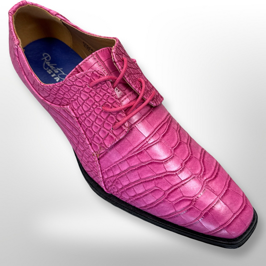 A single pink crocodile-textured leather dress shoe with laces from Fiesso, labeled Shoe 72 (SIZE 10 ONLY), displayed against a white background. FINAL SALE: NO EXCHANGE, NO RETURN.