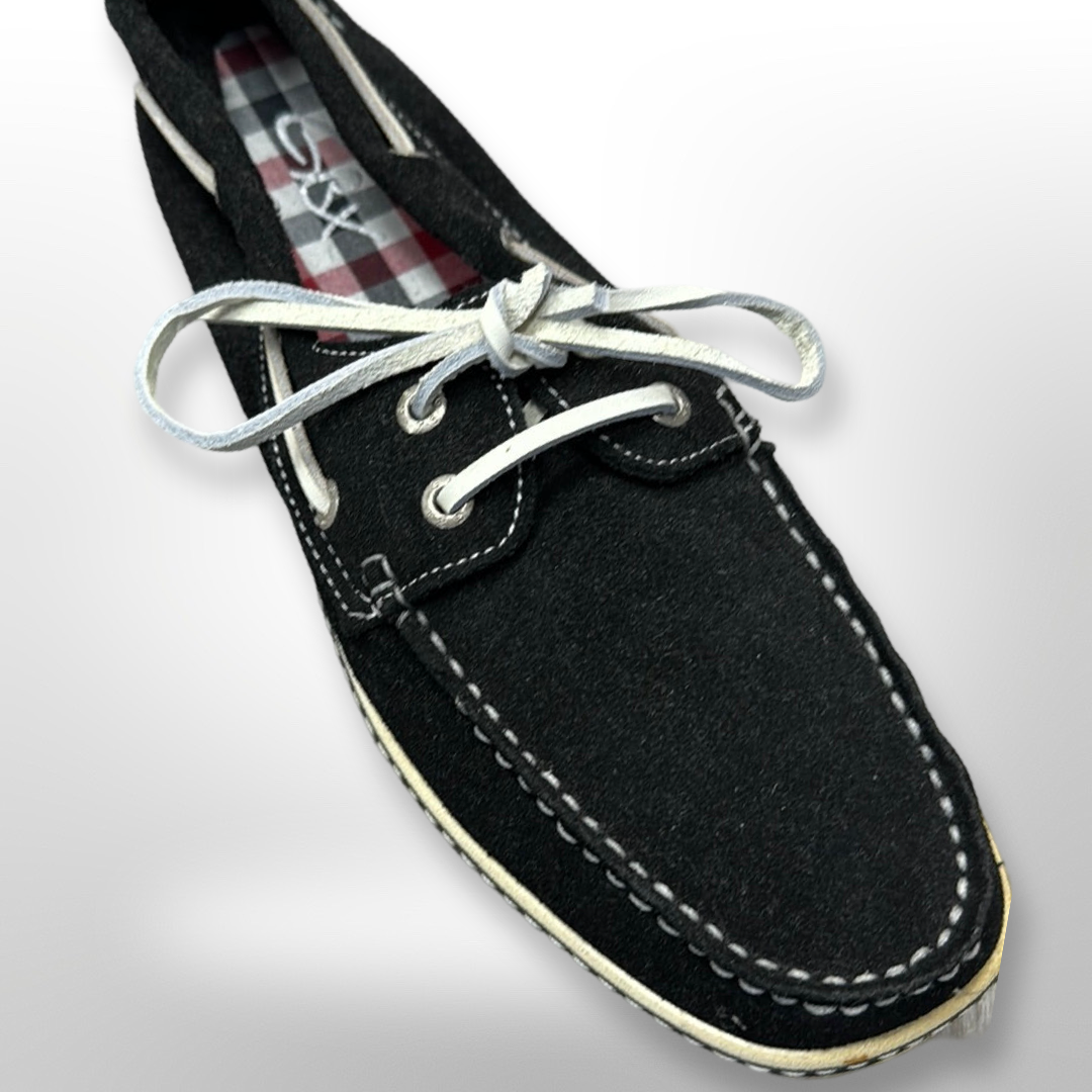 Introducing the Fiesso Shoe 53, a stylish boat shoe in black featuring white stitching and laces, set against a white background. This exclusive offer is available only in size 10 as a final sale.