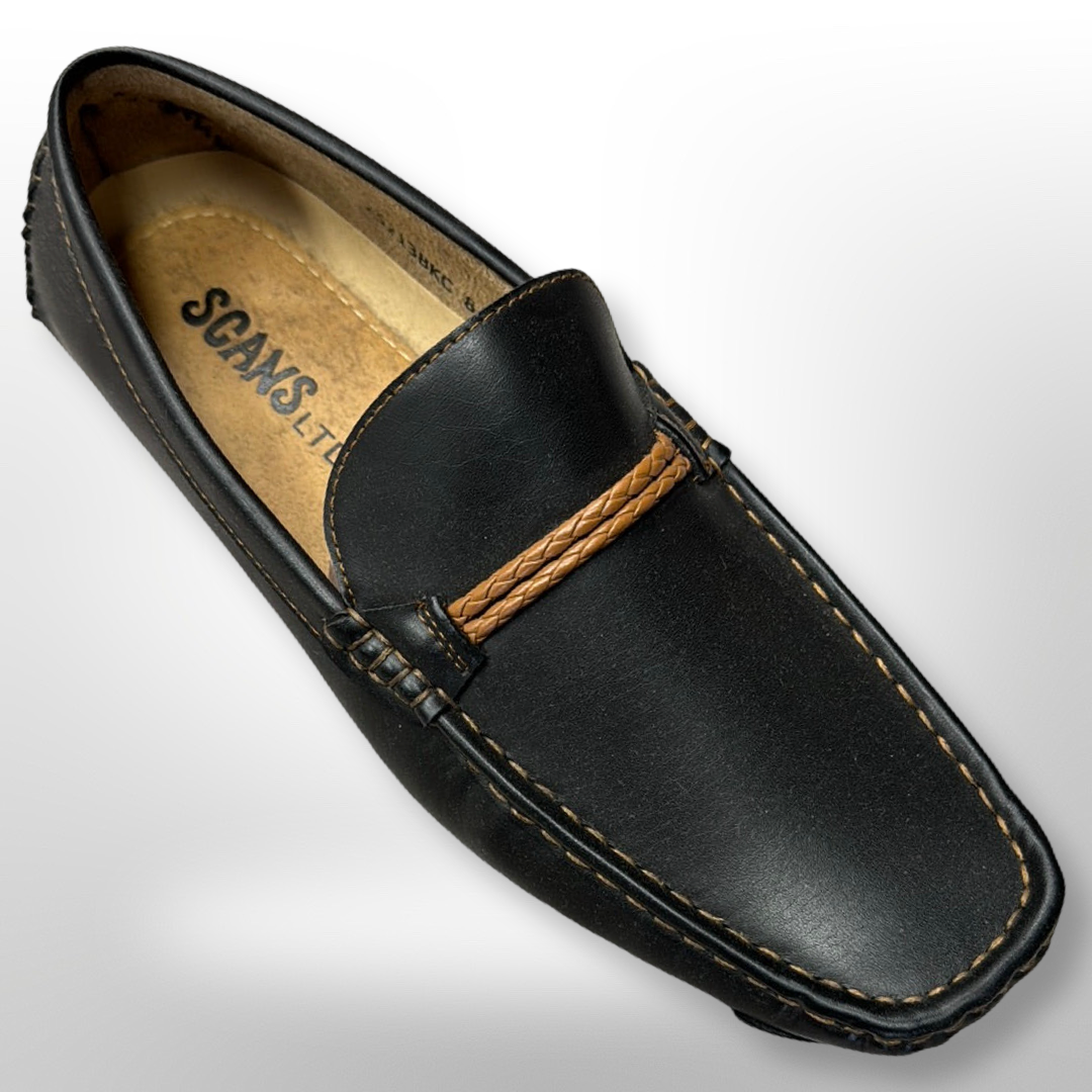 Fiesso's Shoe 55 (SIZE 8 ONLY) features black leather with tan stitching and a braided band detail across the top, set against a light gray background. Please note this item is FINAL SALE—NO EXCHANGE or RETURN available.