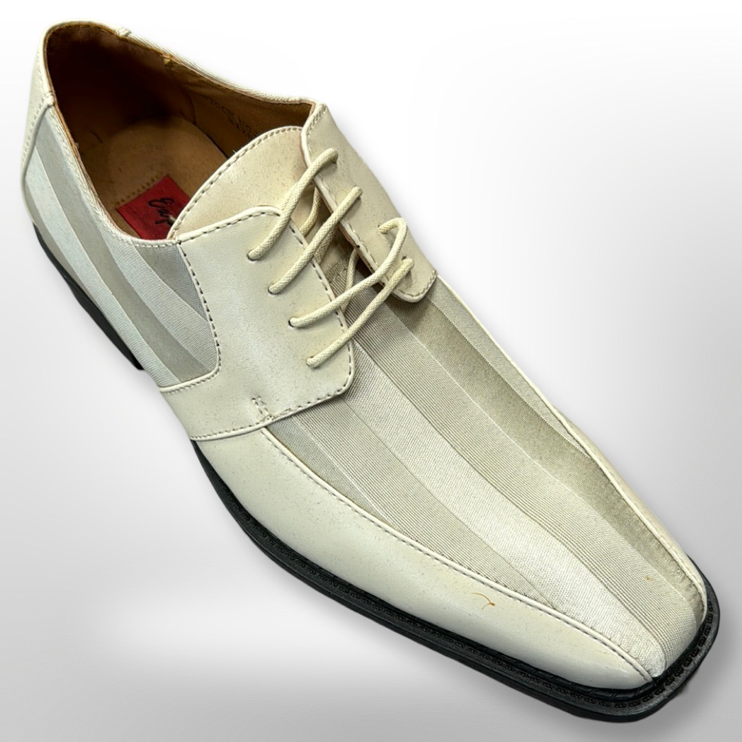 Introducing Shoe 24 by Fiesso, available exclusively in size 9. This elegant white dress shoe features a square toe and an eye-catching striped pattern, complete with laces and a sleek black sole. Please be aware that this is a final sale item and exchanges are not permitted.