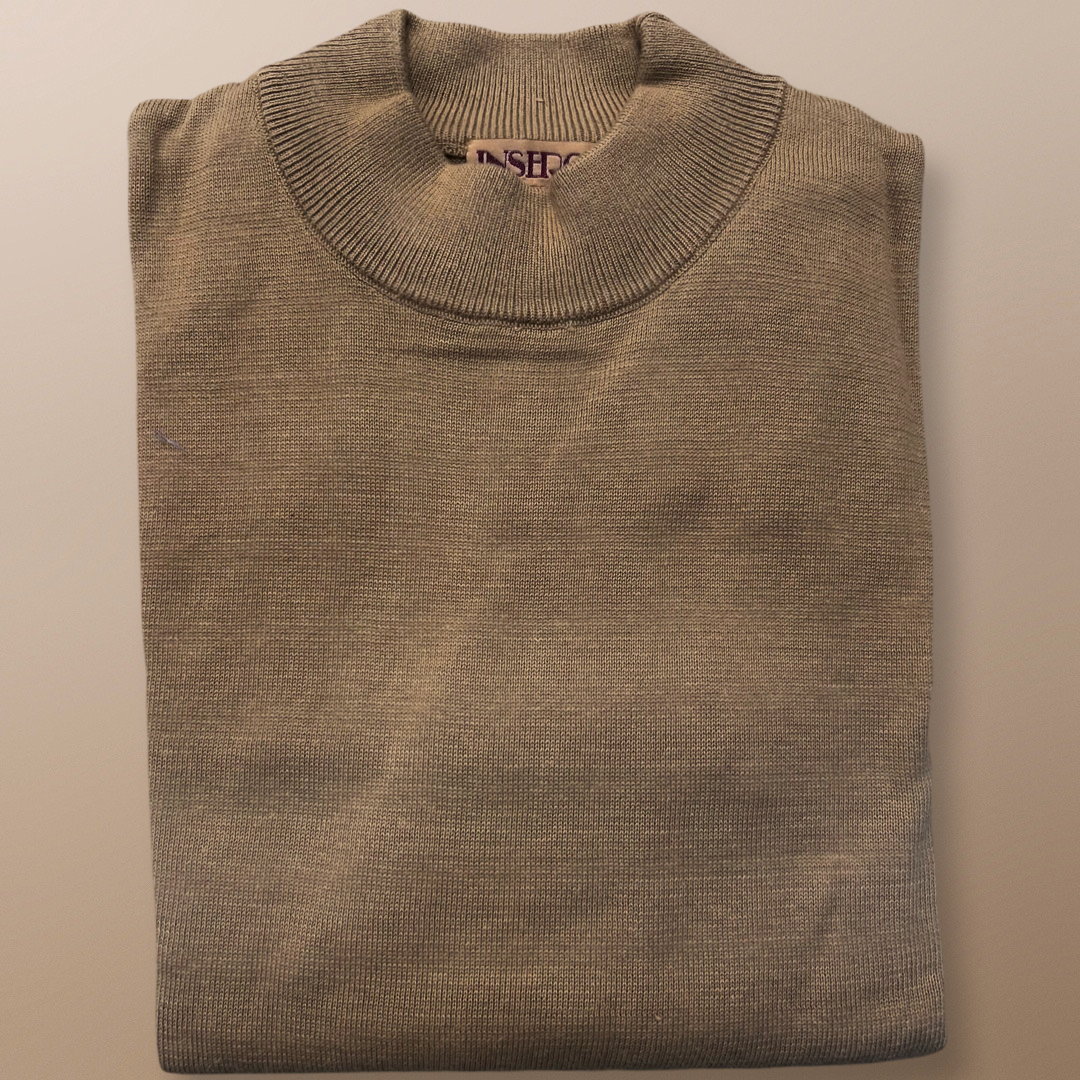 Folded Inserch Cotton Blend Mock Neck Sweater Coffee 4308-00023, featuring a ribbed collar and mock neck, made from a cozy cotton blend, placed on a light surface.