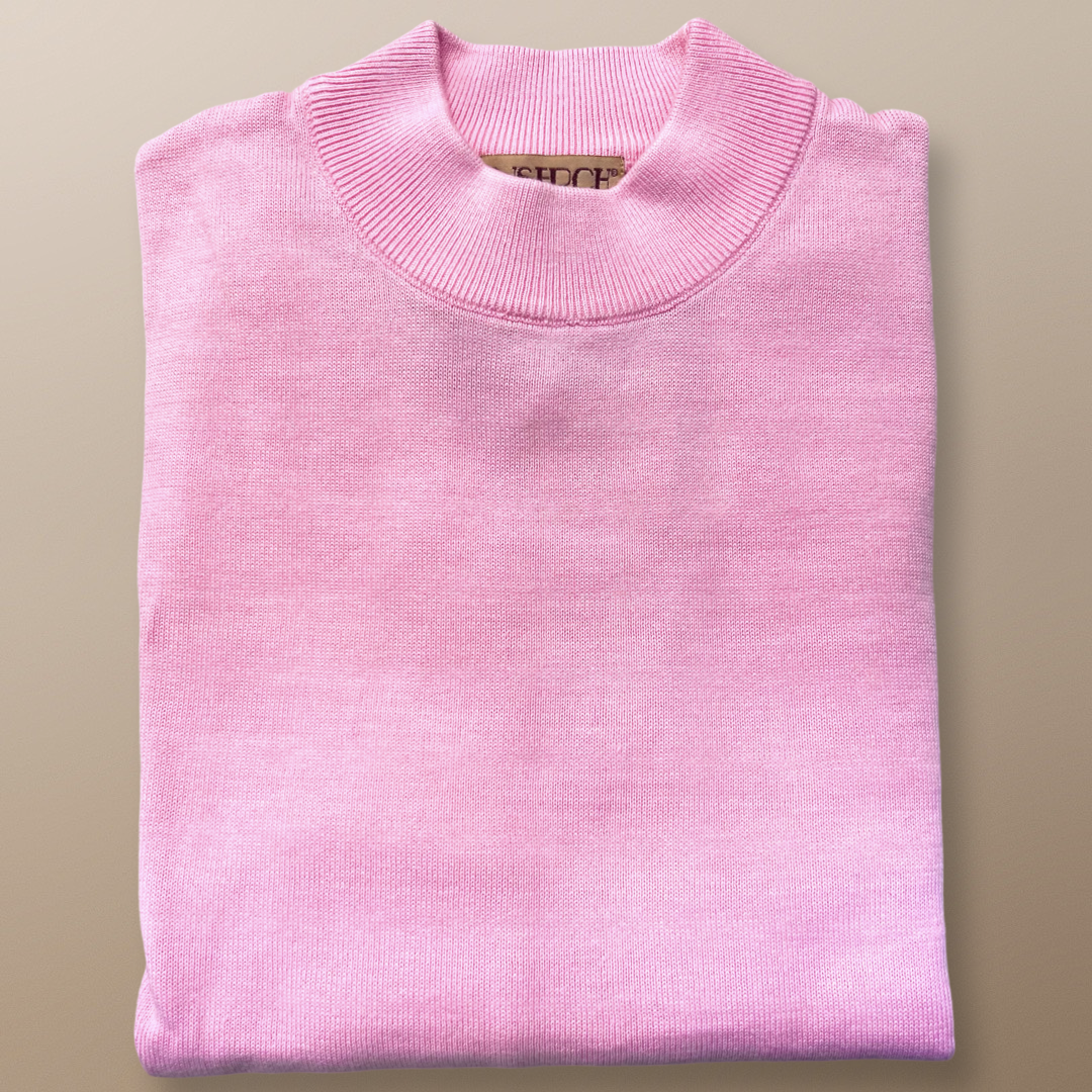 Inserch Cotton Blend Mock Neck Sweater in Pink, model 4308-00062, displayed on a beige surface.