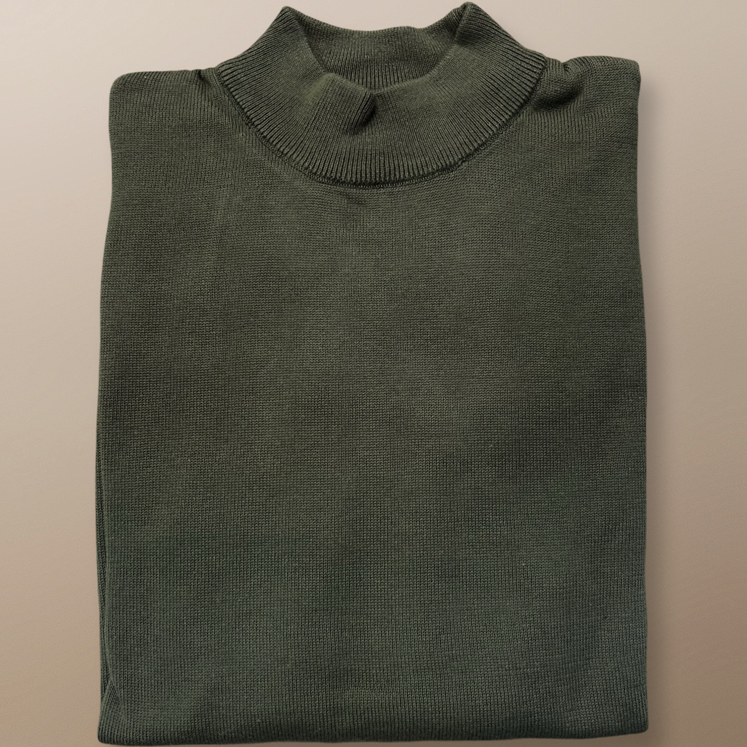 An Inserch Cotton Blend Mock Neck Sweater in olive, item number 4308-00019, lies elegantly folded on a neutral background, showcasing its sophisticated design.