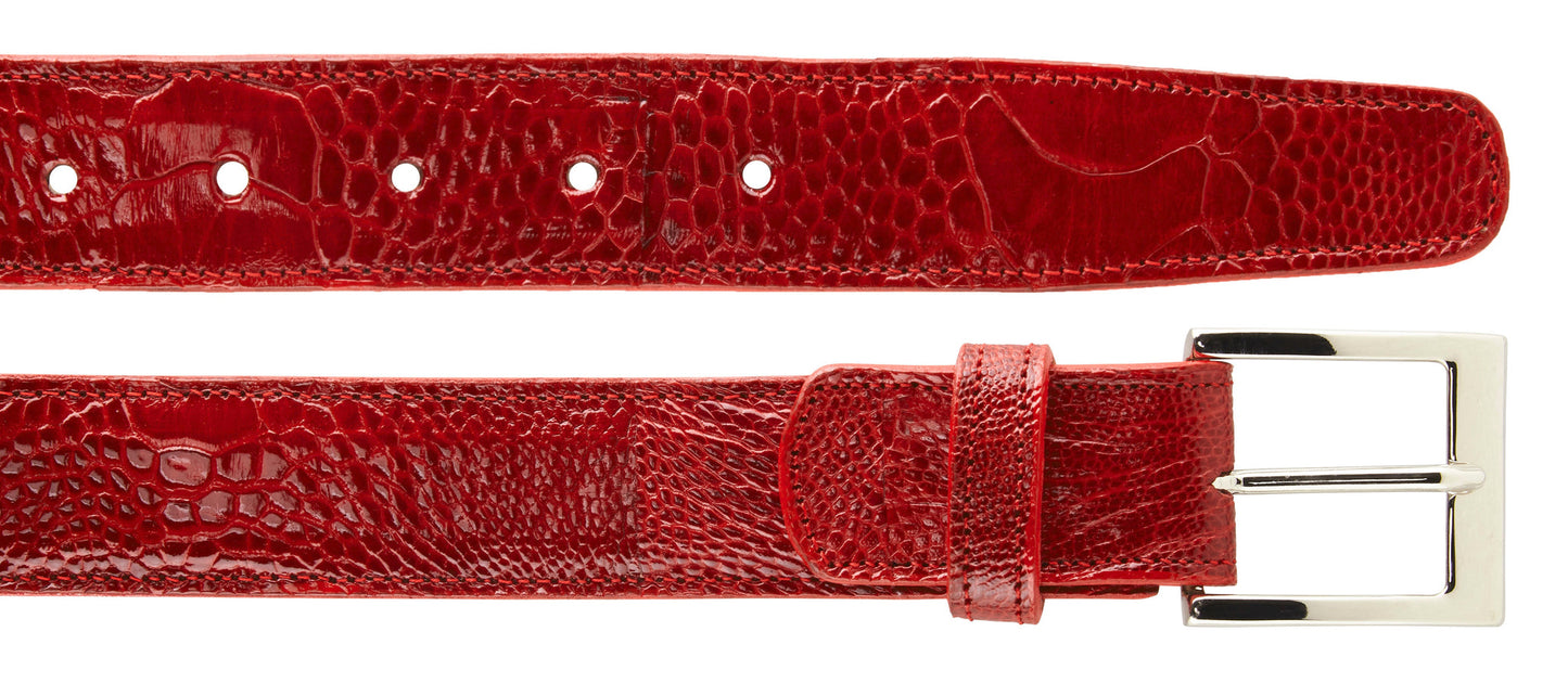 This BELVEDERE belt in brown features a textured leather design with a silver buckle and multiple holes for adjustability. Crafted under Style #2000, it showcases the unique ostrich leg pattern of the Belvedere Ostrich Leg Belts collection, adding an elegant touch.