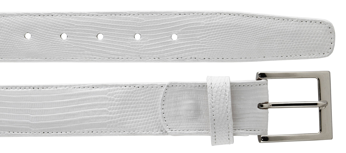 Introducing the Belvedere Lizard Belt by BELVEDERE, a black, textured leather accessory with a silver buckle and multiple holes for an adjustable fit. Style #2003.