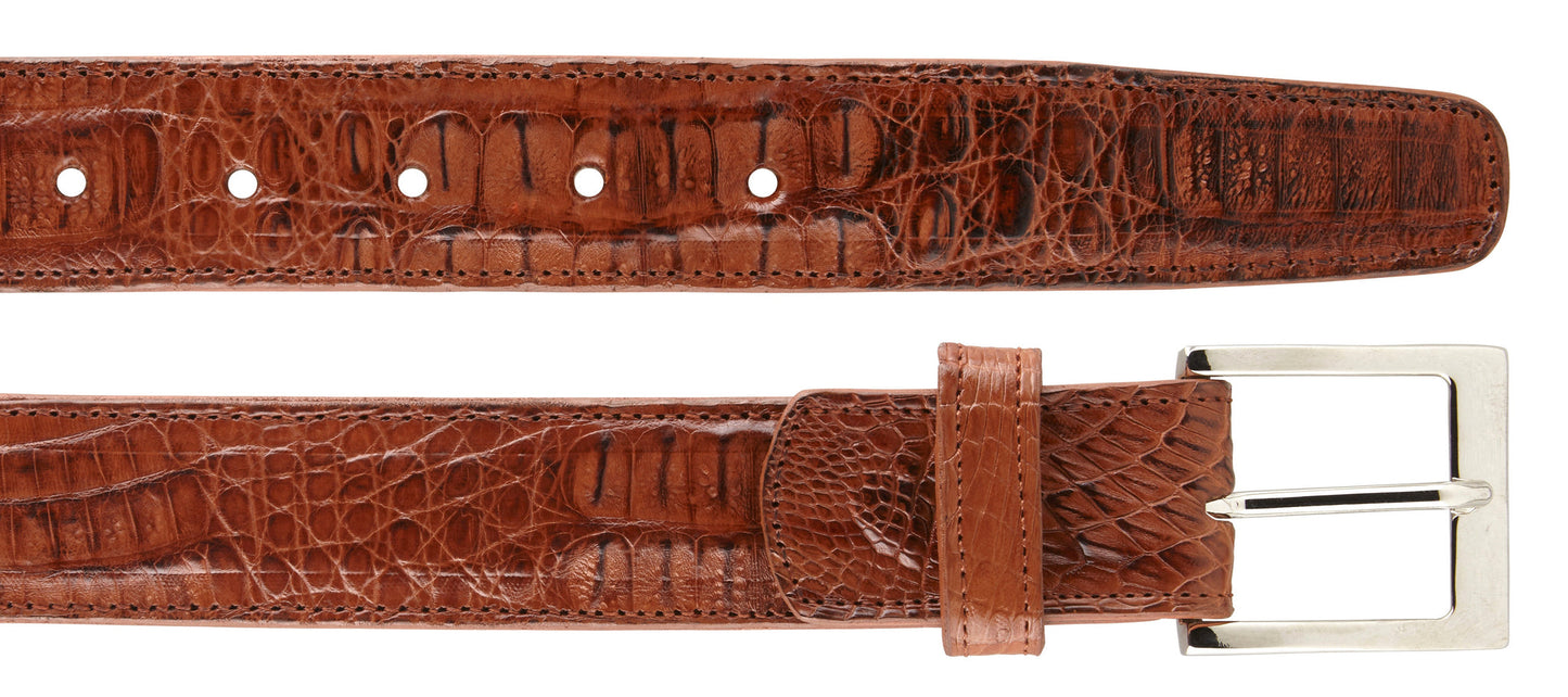 Belvedere's Caiman Crocodilus textured leather belt in blue features a silver buckle and multiple holes for easy adjustments.