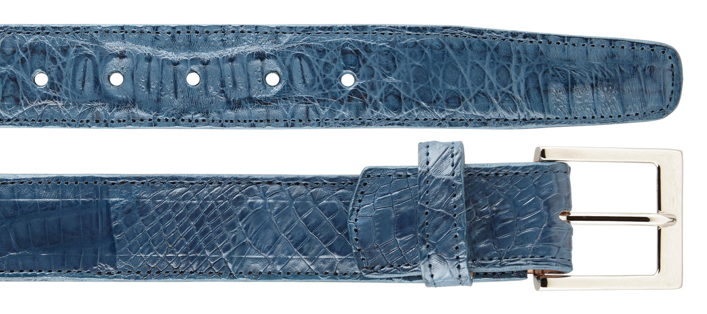 Belvedere's Caiman Crocodilus textured leather belt in blue features a silver buckle and multiple holes for easy adjustments.