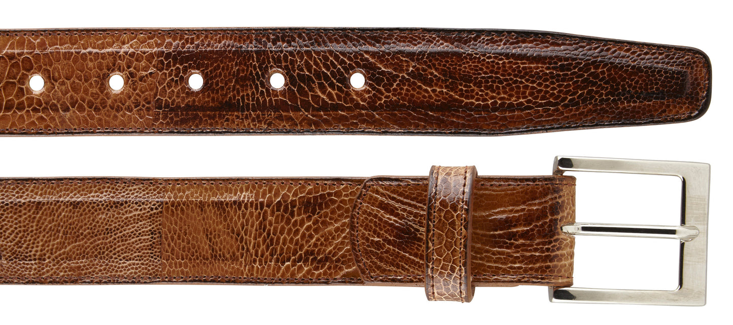 The Belvedere Ostrich Leg Belt, by BELVEDERE, is a brown textured leather accessory with a silver buckle, expertly crafted from genuine ostrich and designed with multiple holes for optimal adjustability.