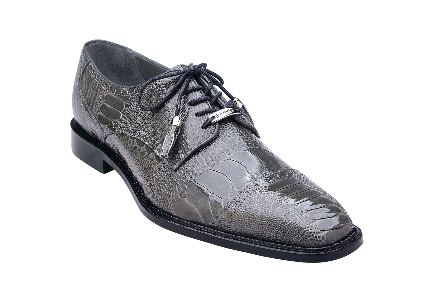 Genuine ostrich leather dress shoe from Belvedere, featuring a sophisticated gray texture with a lace-up design and a sleek black sole, viewed from the side.