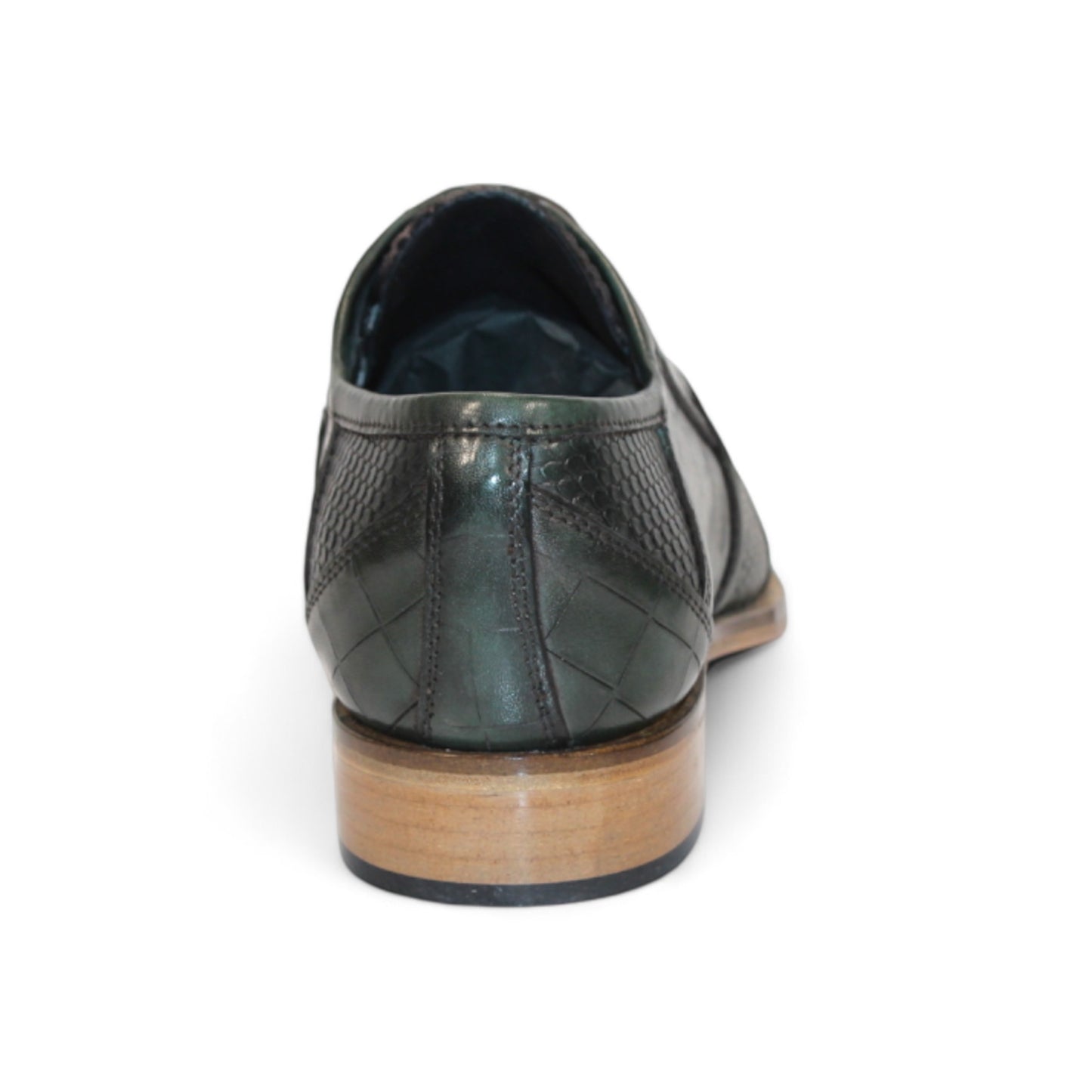 The rear view of the Duca Di Matiste Imperio in dark green showcases a leather dress shoe with an embossed crocodile design, paired with a wooden sole and textured pattern against a white background.