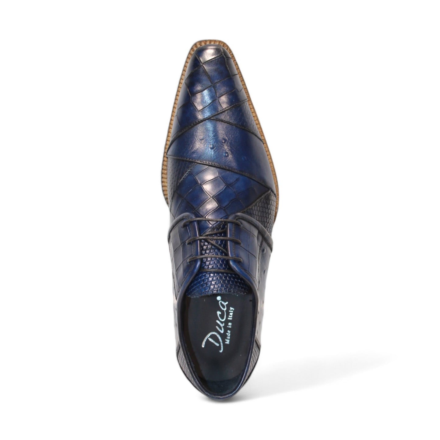 The Duca Di Matiste Imperio in Ocean Blue showcases a sophisticated leather dress shoe with an embossed crocodile pattern, complemented by a brown sole and black laces, viewed from the side. Crafted in Italy to add a touch of elegance.