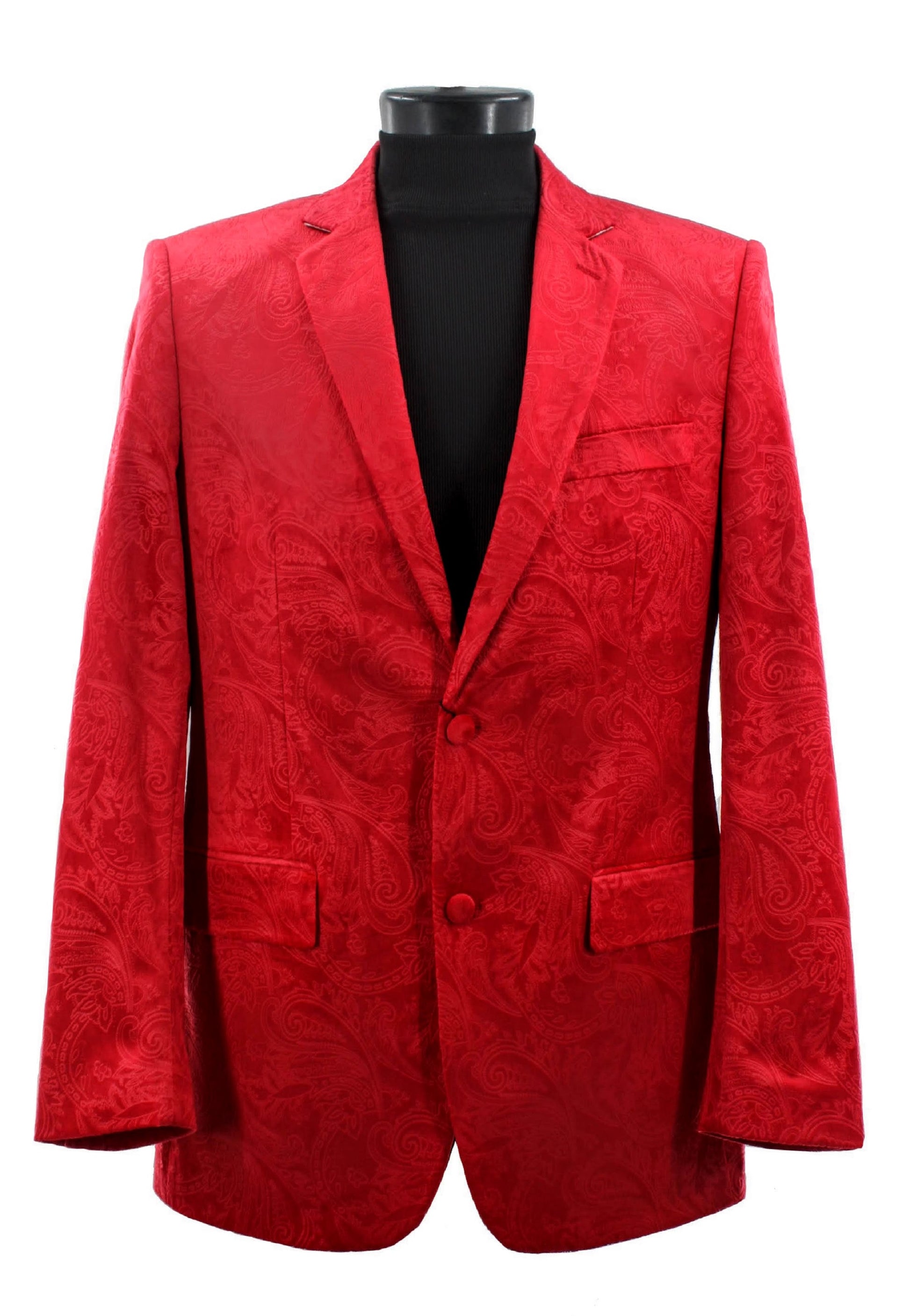 The Bassiri Blazer J1044-Red is elegantly displayed on a mannequin against a crisp white backdrop.