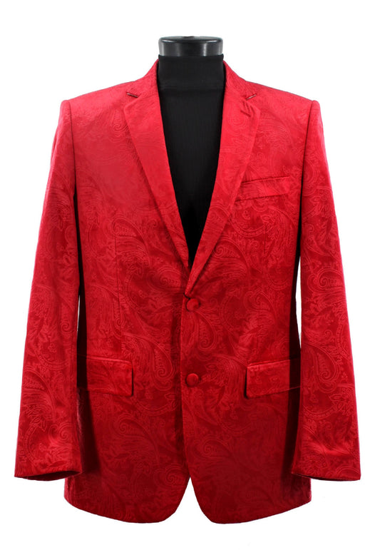 The Bassiri Blazer J1044-Red is elegantly displayed on a mannequin against a crisp white backdrop.