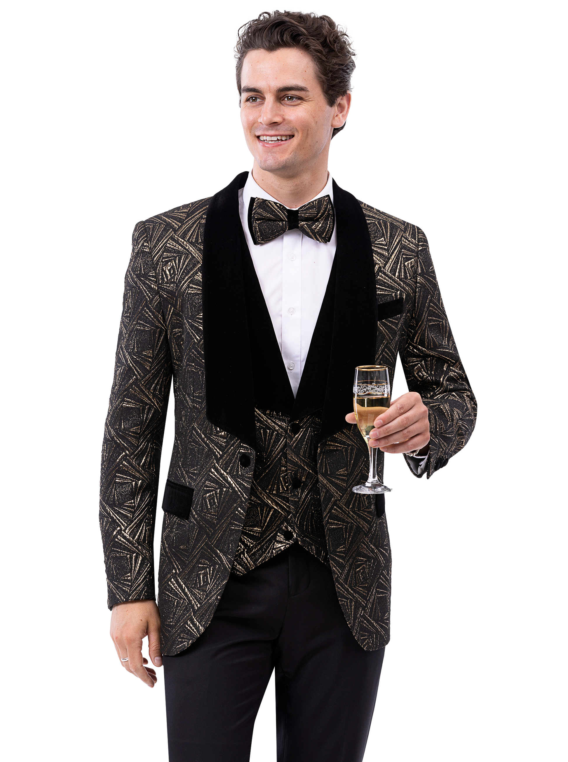 A person in an EJ SAMUEL Pewter Blazer J188, complemented by a matching bowtie, holds a glass of champagne, smiling.