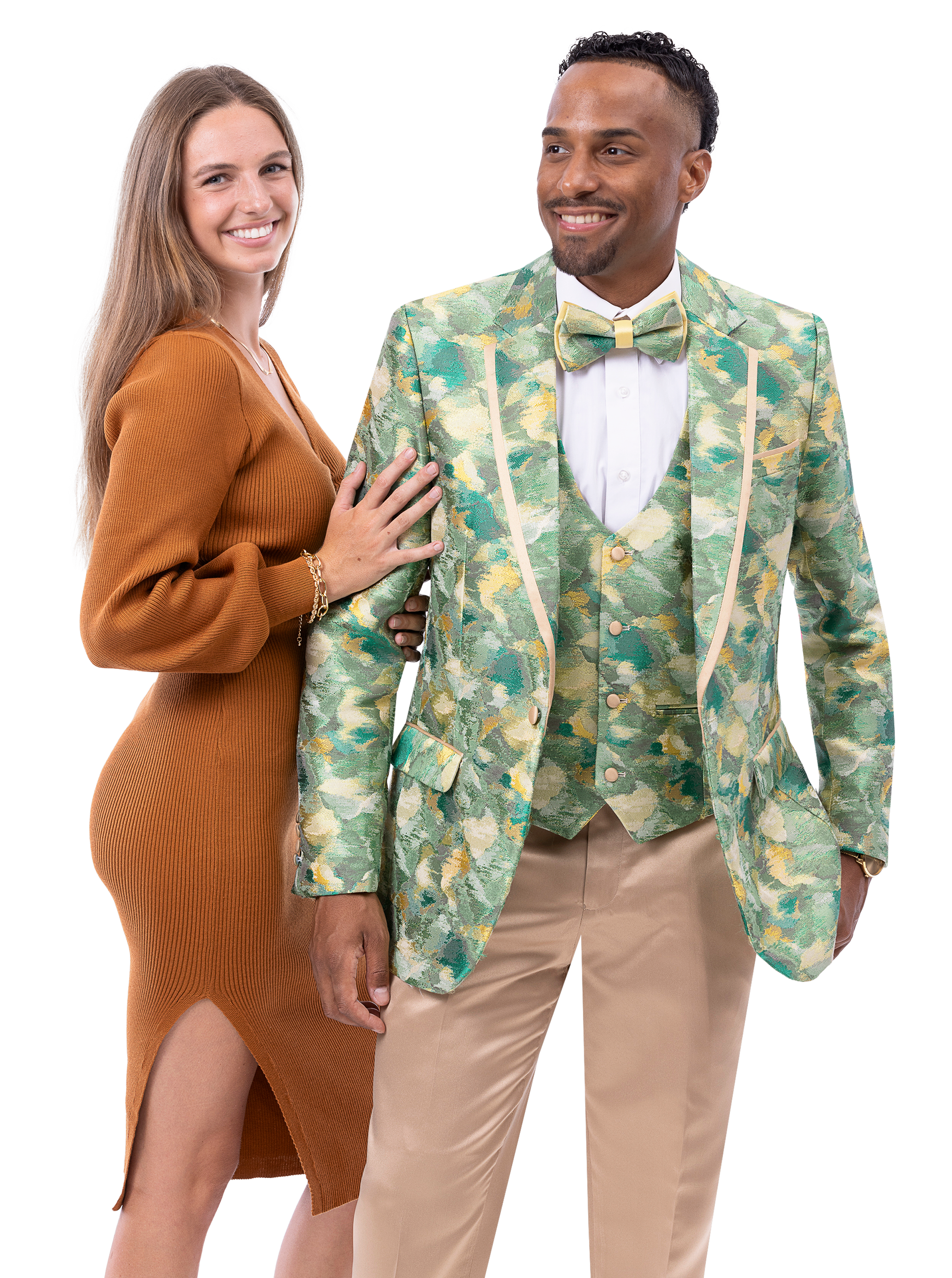 A woman in a brown dress stands beside a smiling man wearing the EJ Samuel Green Blazer J191 from EJ SAMUEL, paired with a bow tie.