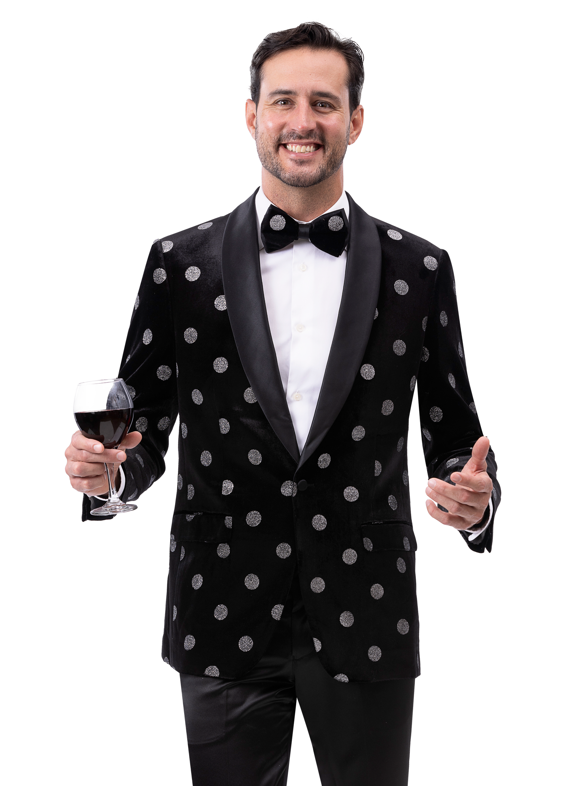 A man wearing an EJ SAMUEL black and silver polka dot blazer, item J192, paired with a bow tie, holds a glass of red wine while smiling.