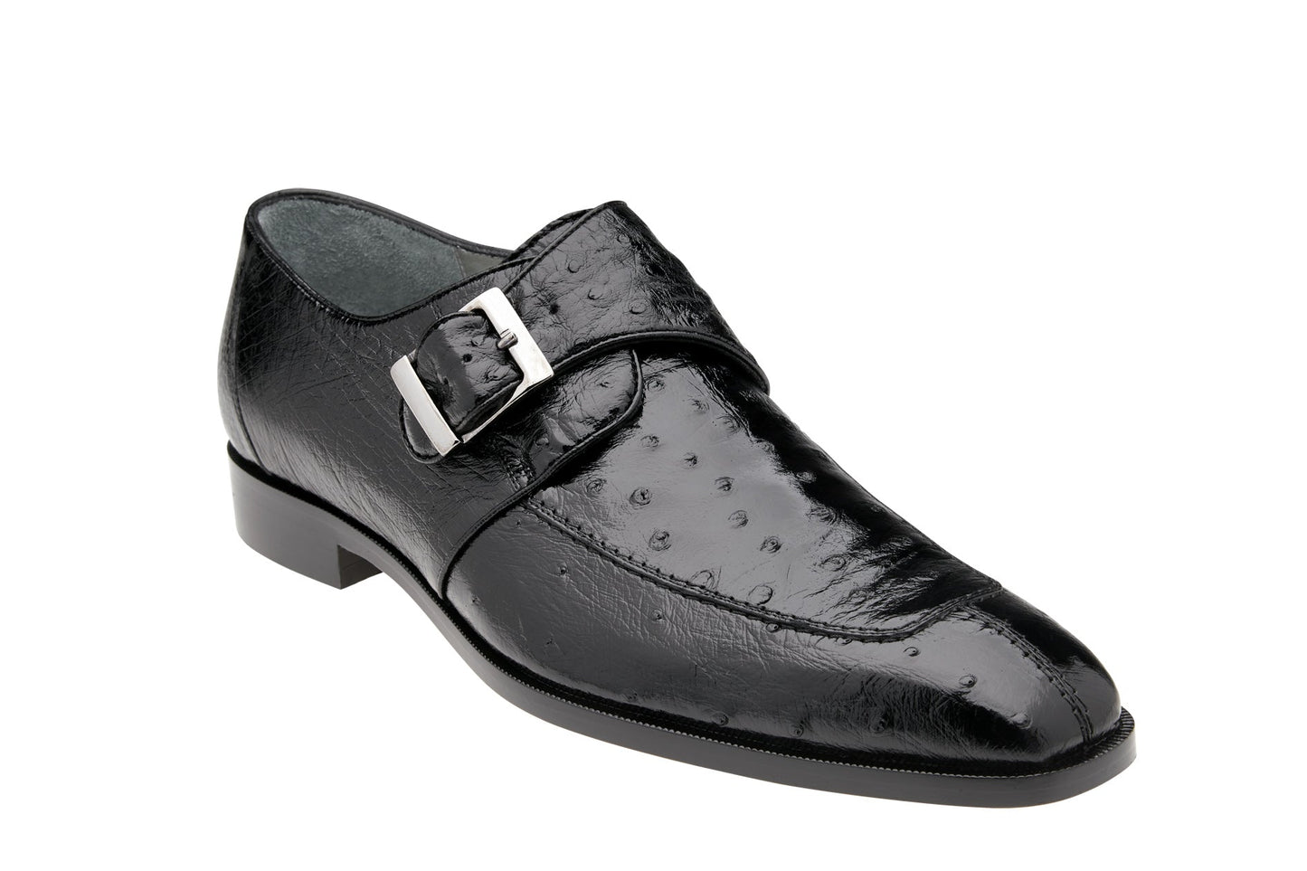 The Belvedere - Josh dress shoe, crafted from genuine ostrich leather, features a low heel and side buckle in black, showcasing its elegant design when viewed from the side.