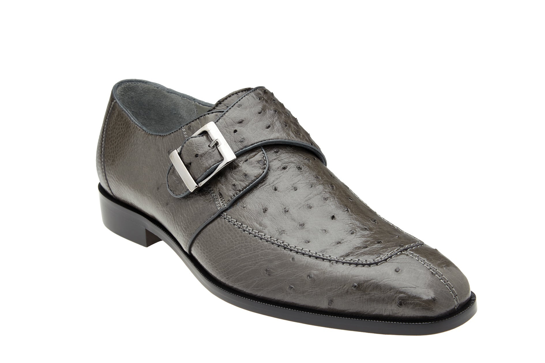 Side view of the Belvedere - Josh, a grey leather dress shoe from BELVEDERE, featuring a genuine ostrich-textured finish, single buckle closure, black sole, and a cushion insole for enhanced comfort.