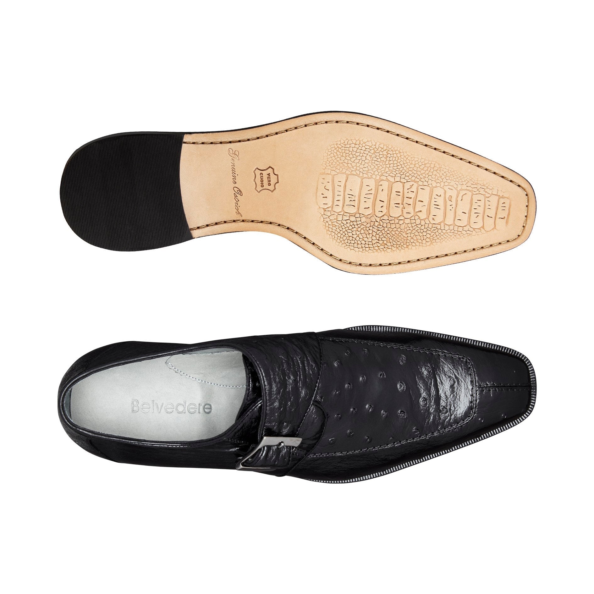 The Belvedere - Josh dress shoe, crafted from genuine ostrich leather, features a low heel and side buckle in black, showcasing its elegant design when viewed from the side.