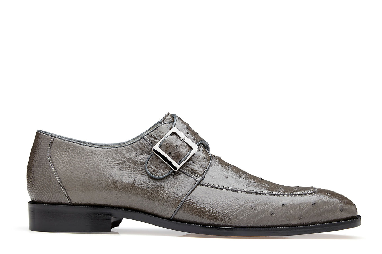 Side view of the Belvedere - Josh, a grey leather dress shoe from BELVEDERE, featuring a genuine ostrich-textured finish, single buckle closure, black sole, and a cushion insole for enhanced comfort.