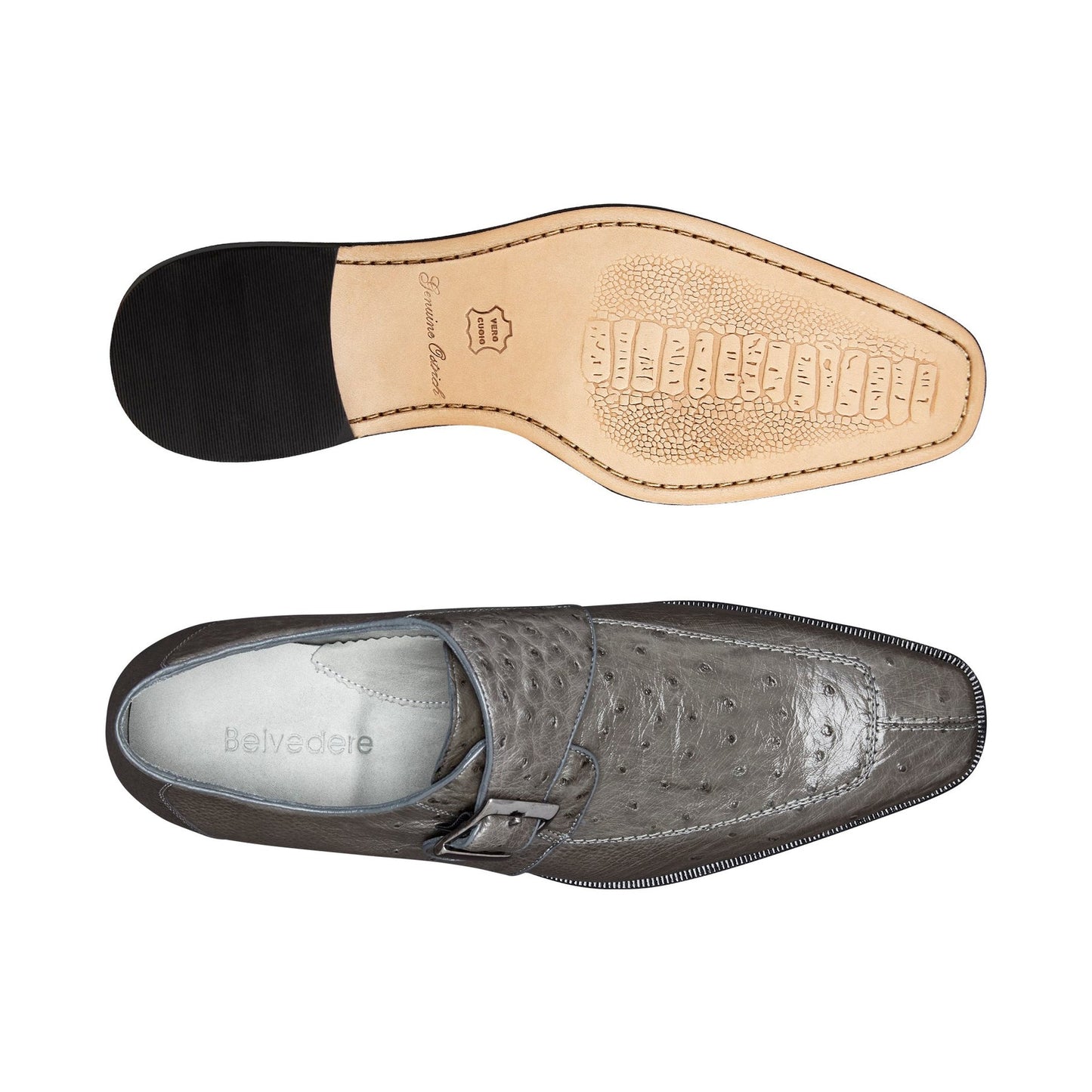 Side view of the Belvedere - Josh, a grey leather dress shoe from BELVEDERE, featuring a genuine ostrich-textured finish, single buckle closure, black sole, and a cushion insole for enhanced comfort.