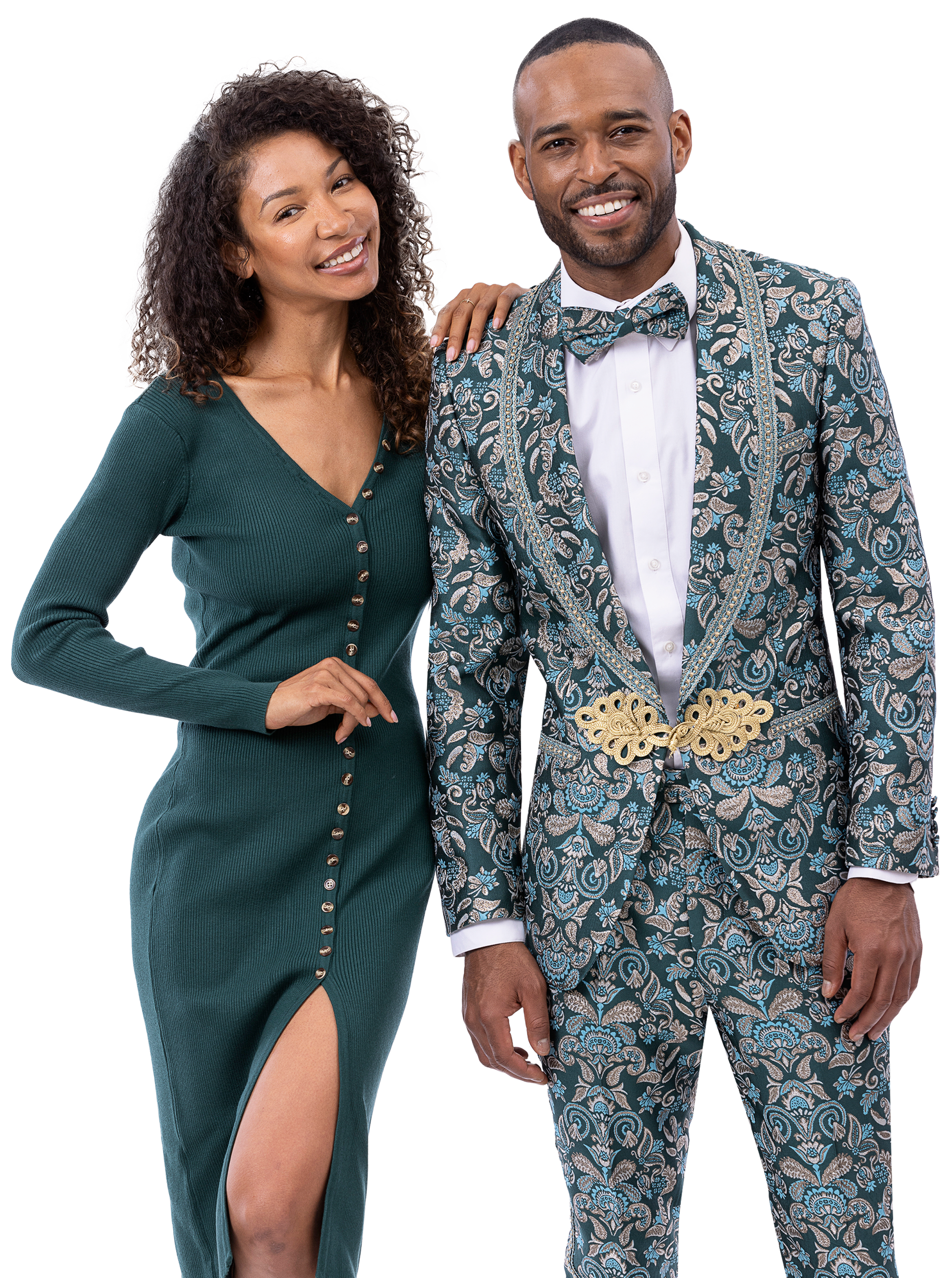 A smiling woman in a dark green dress stands next to a smiling man wearing the EJ Samuel Blue Suit JP124 by EJ SAMUEL, complete with a bow tie.