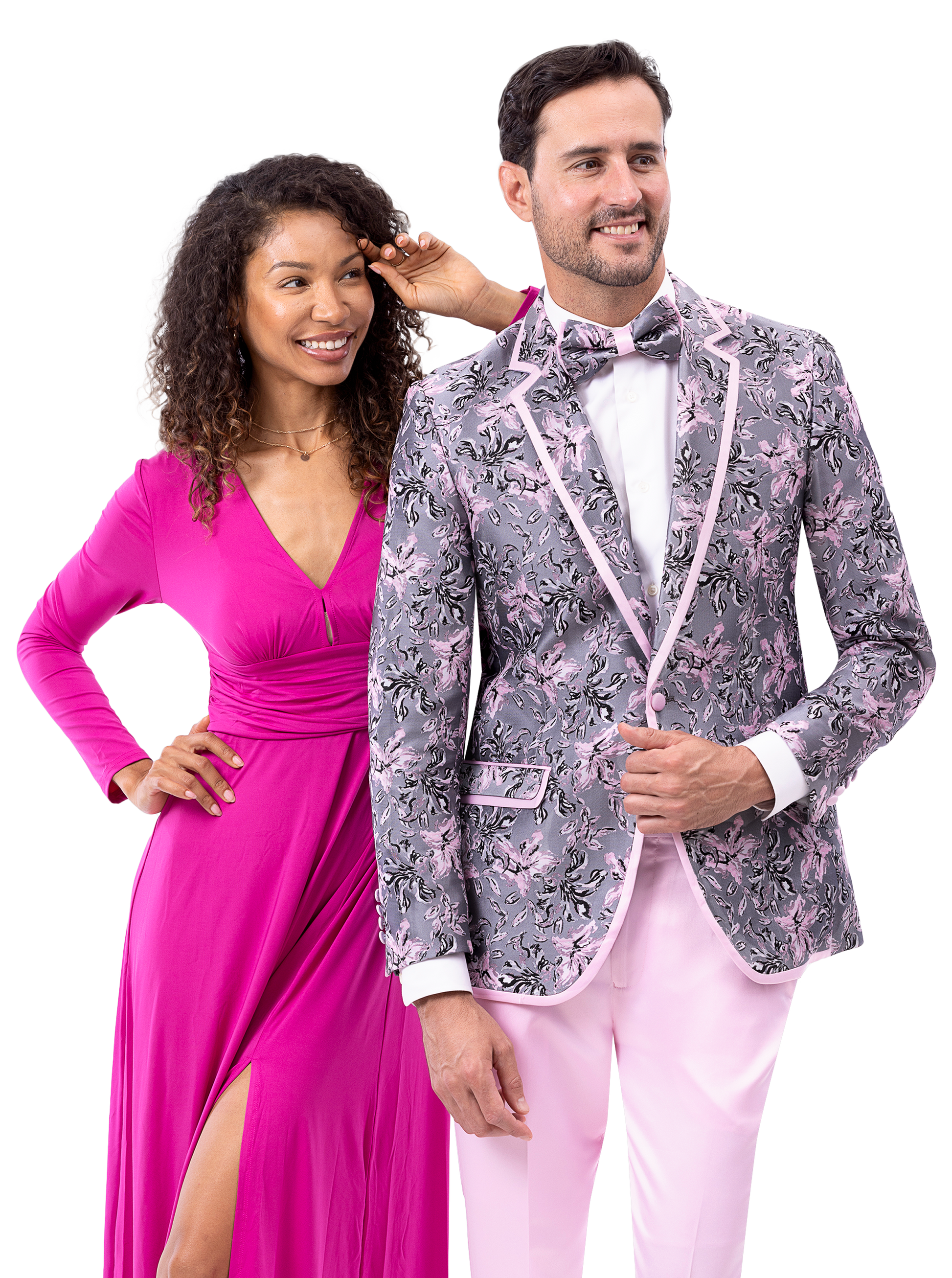 Two people stand together. The person on the left wears a pink gown, and the person on the right wears an EJ Samuel gray suit (JP129) with a bow tie.