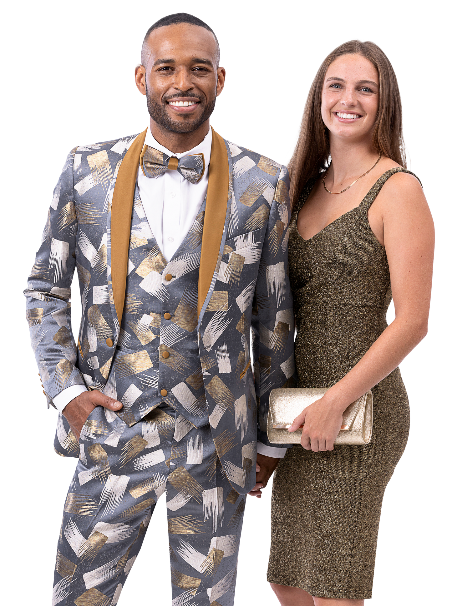 A man in an EJ Samuel Gold Suit JP130 and a woman in a gold dress pose together, smiling.