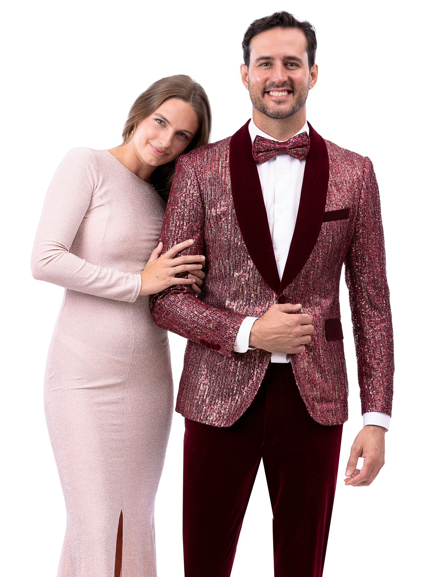 A woman in a long light pink dress leans on a man wearing the EJ Samuel Wine Suit JP131 by EJ SAMUEL, complete with a bow tie.