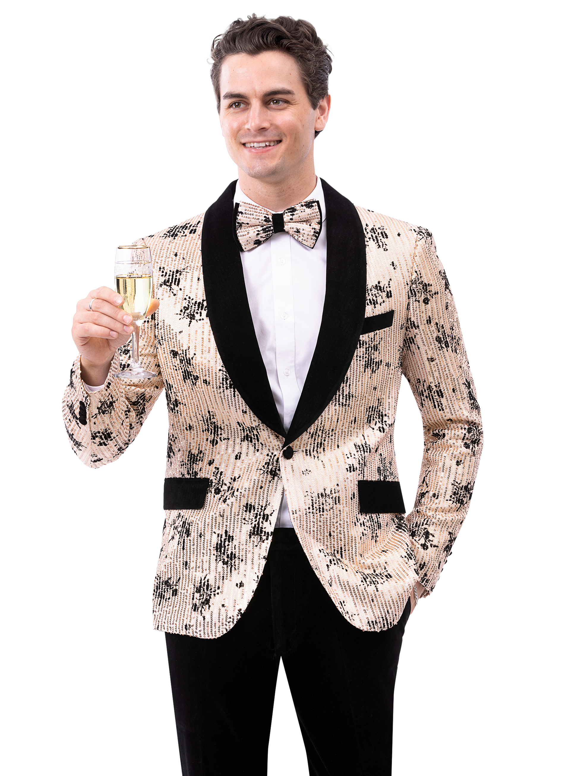 A person in an EJ Samuel Cream Suit JP132 and bow tie holds a glass of champagne, smiling.